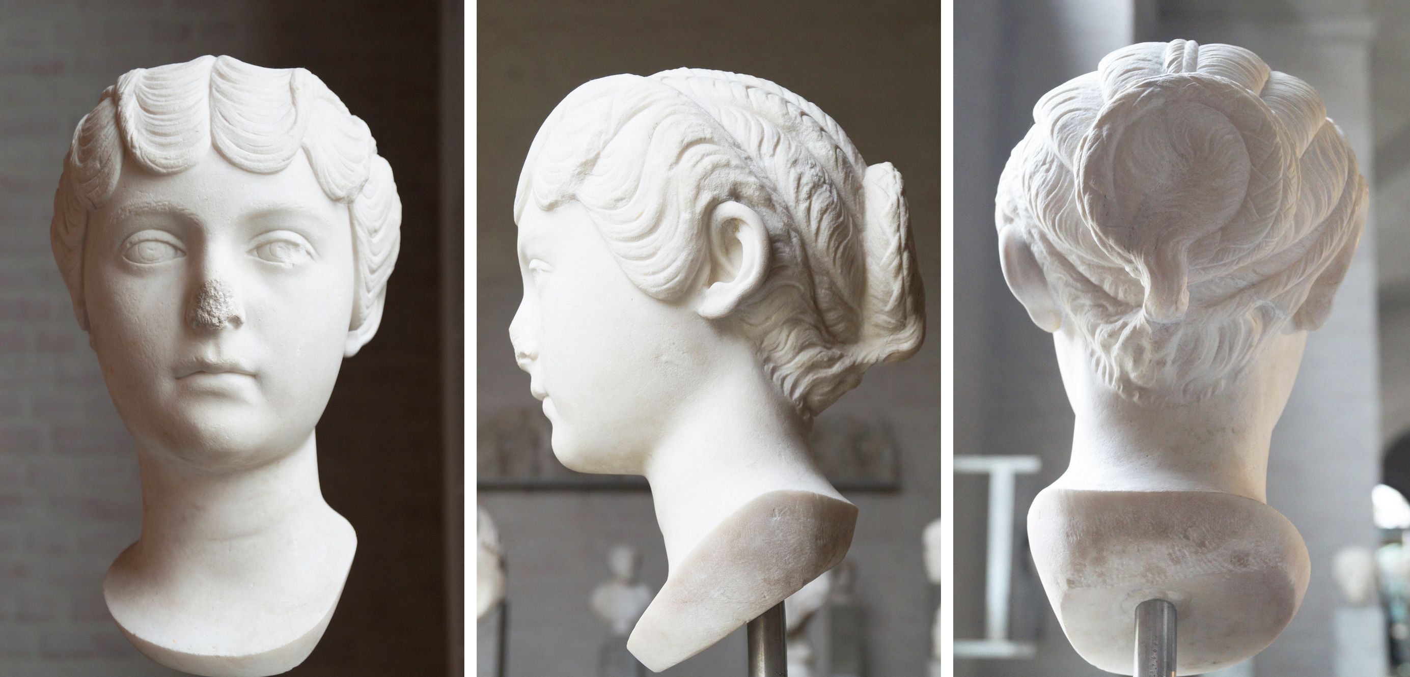 Foto einer Marmorbüste der späteren Kaiserin Faustina d. J. (130 – 175 n. Chr.) mit einer Variante der sogenannten „Melonenfrisur“, einer typischen Mädchenfrisur. Das Haar wird vielfach gescheitelt und die einzelnen Partien entlang des Kopfes fest eingedreht. Glyptothek, München.